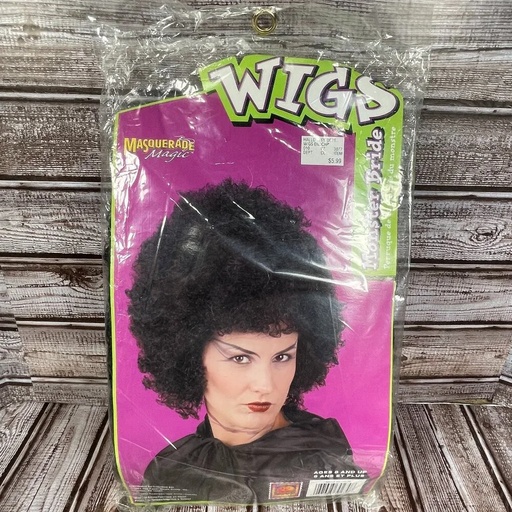 Halloween Costume Adult Child Women MONSTER BRIDE Black Curly Wig SEALED NWT NEW